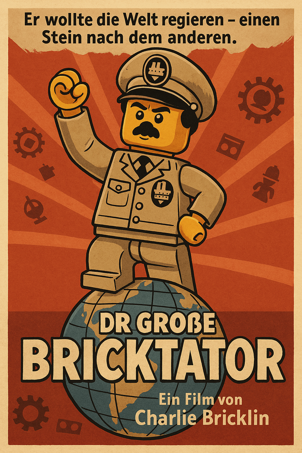 LEGO-Diktator auf Weltkugel: Satirisches Filmplakat im Retro-Stil, angelehnt an „Der große Diktator“ mit Minifigur.