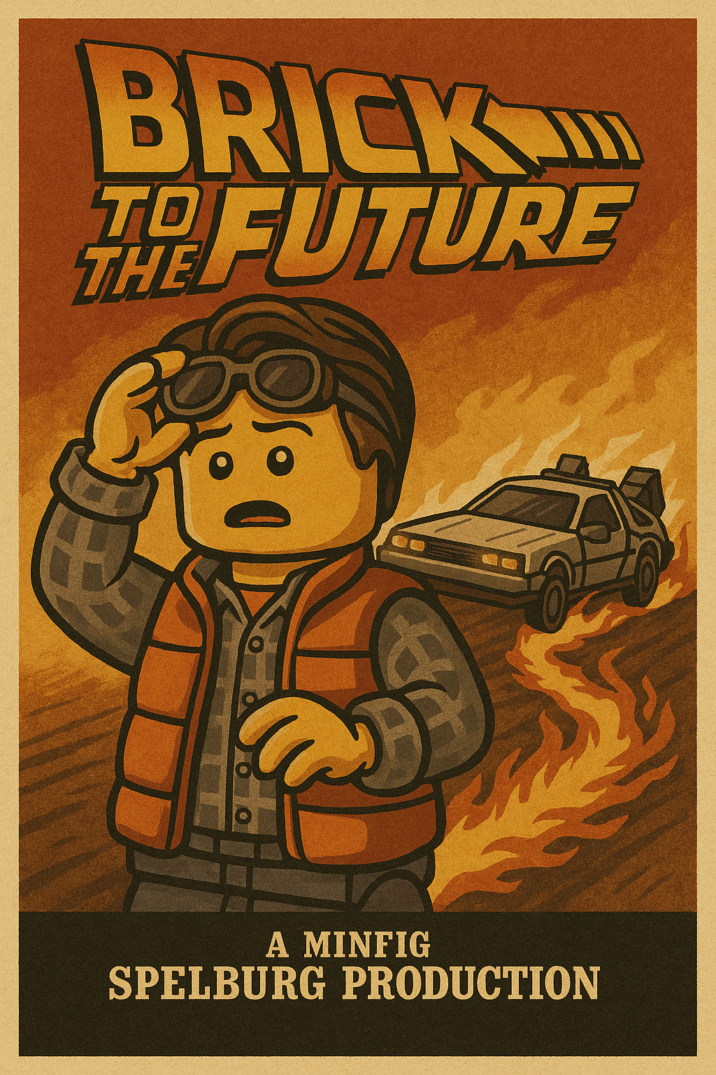 LEGO trifft Zeitreise: Minifigur mit Weste, DeLorean und Flammenspur – Hommage an „Back to the Future“.